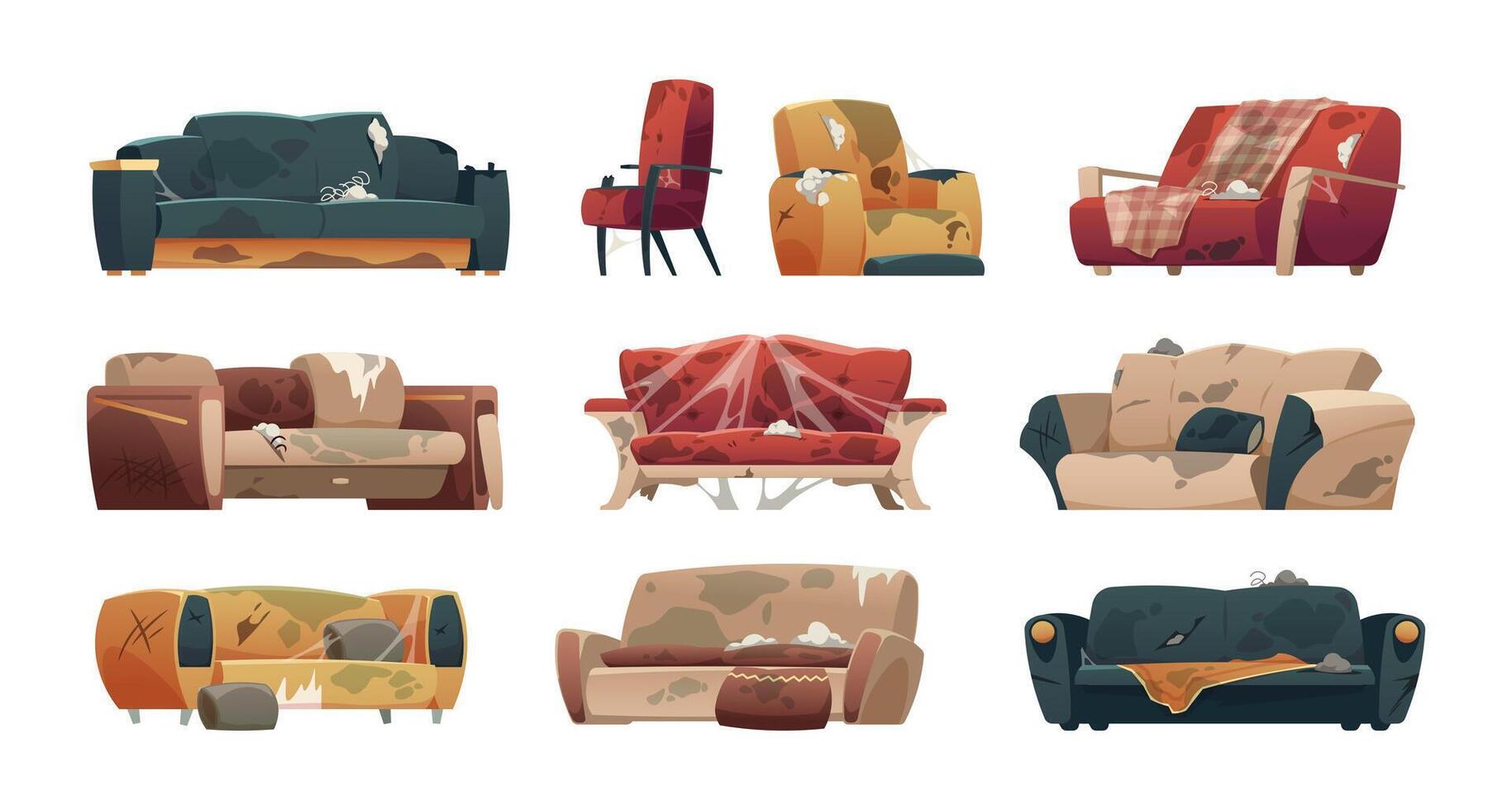 sucio roto sillones dibujos animados antiguo Rasgado sofá con primavera dañar y araña web, roto mueble para hogar y oficina. vector aislado conjunto
