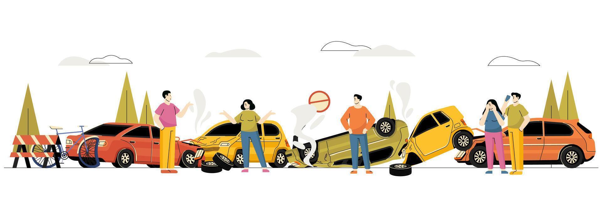 Car accident concept. Cartoon man driver calling for help after car crash, vehicle insurance service, road safety and traffic accident. Vector illustration