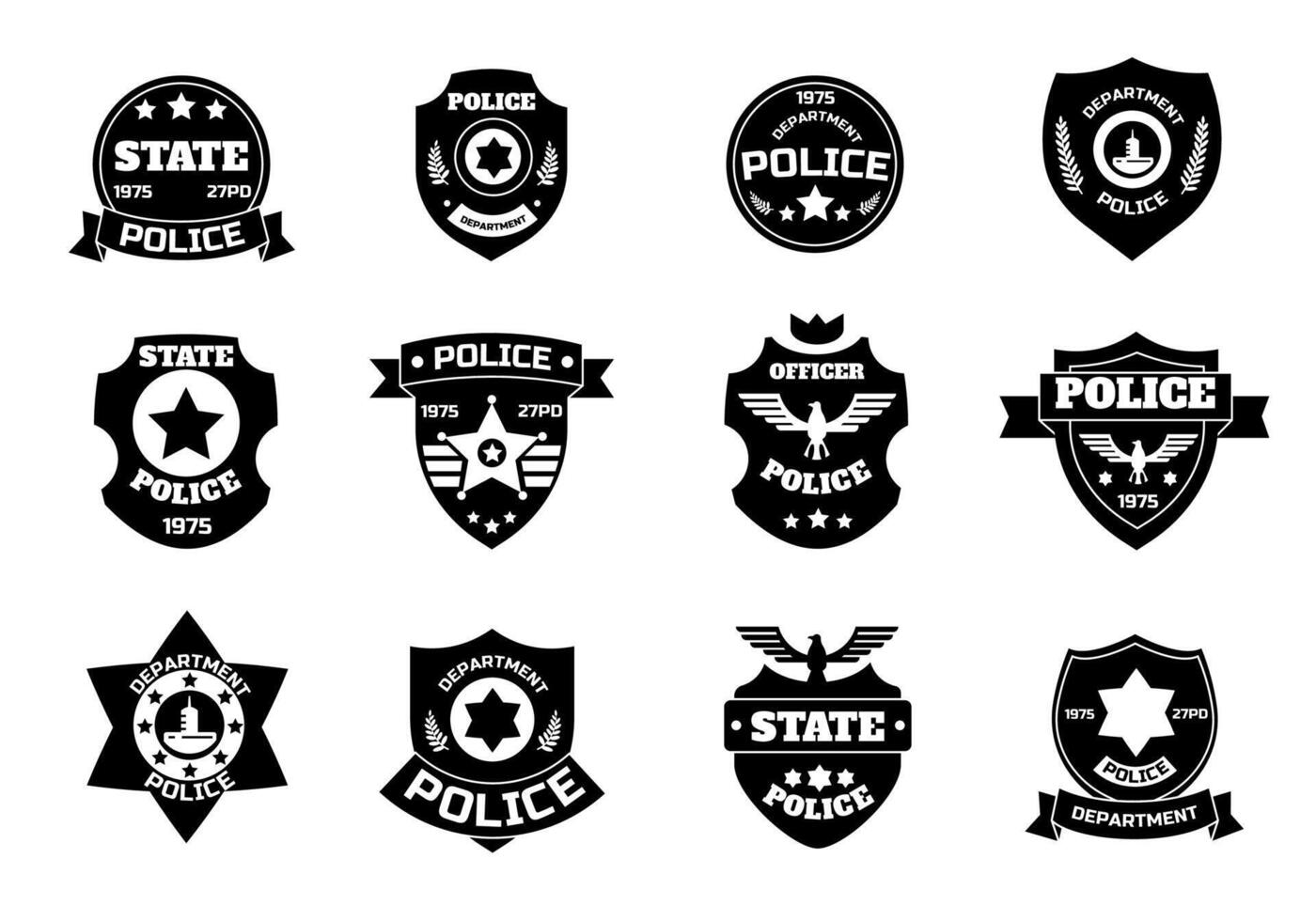 Police black symbol. Cop badge with shield and sheriff star, law enforcement officer patch insignia. Vector federal police department emblem collection