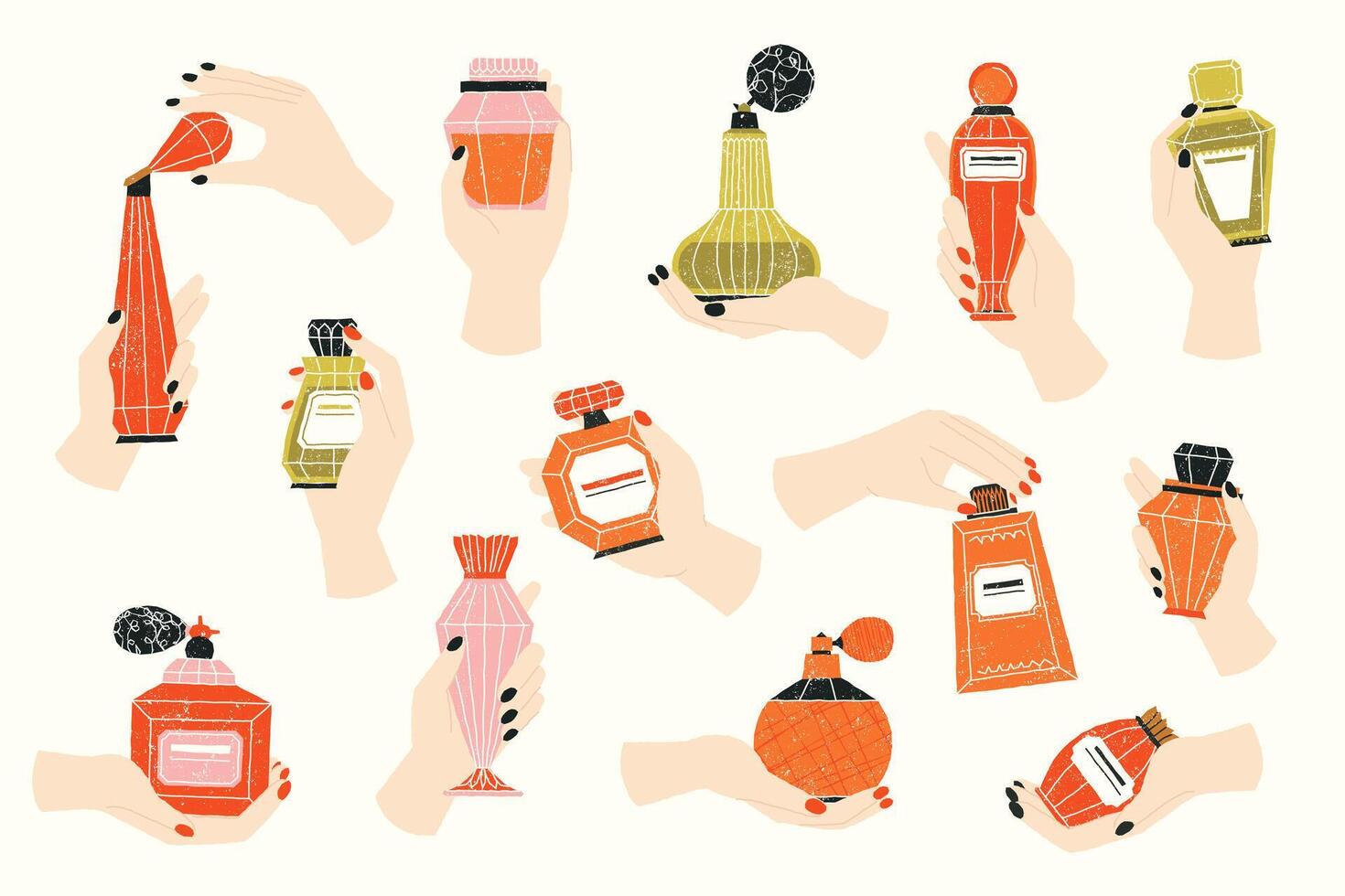 Hands hold perfume. Cartoon woman fingers with bottle of fragrance, female hand with spray and cologne cosmetic products. Vector set