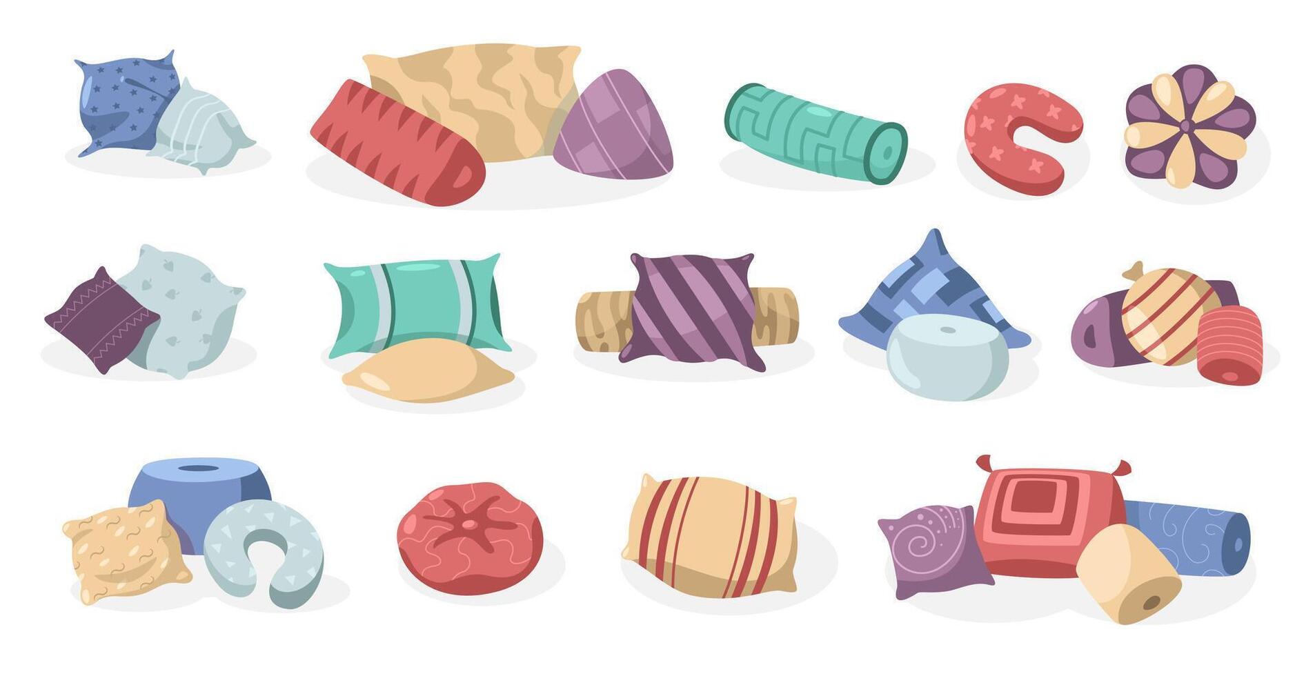 Decorative cartoon pillows. Abstract soft comfortable cushion set with different shapes and patterns, home interior textile decor. Vector isolated collection