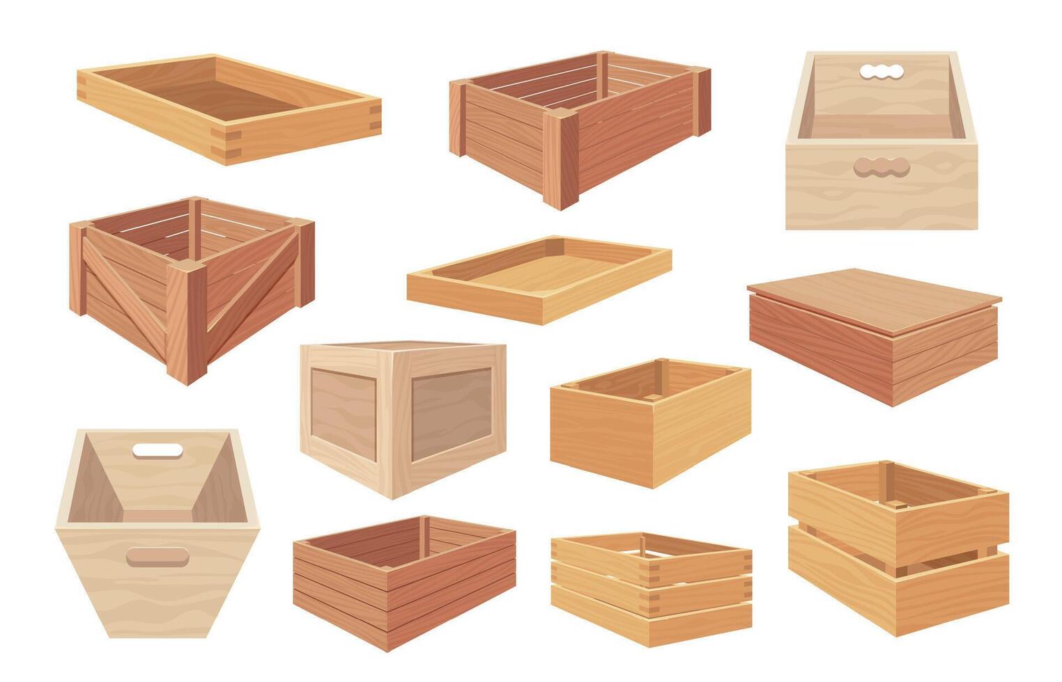 Cartoon wooden containers. Open and closed boxes with packages, wooden crates with cargo, warehouse storage packaging concept. Vector set