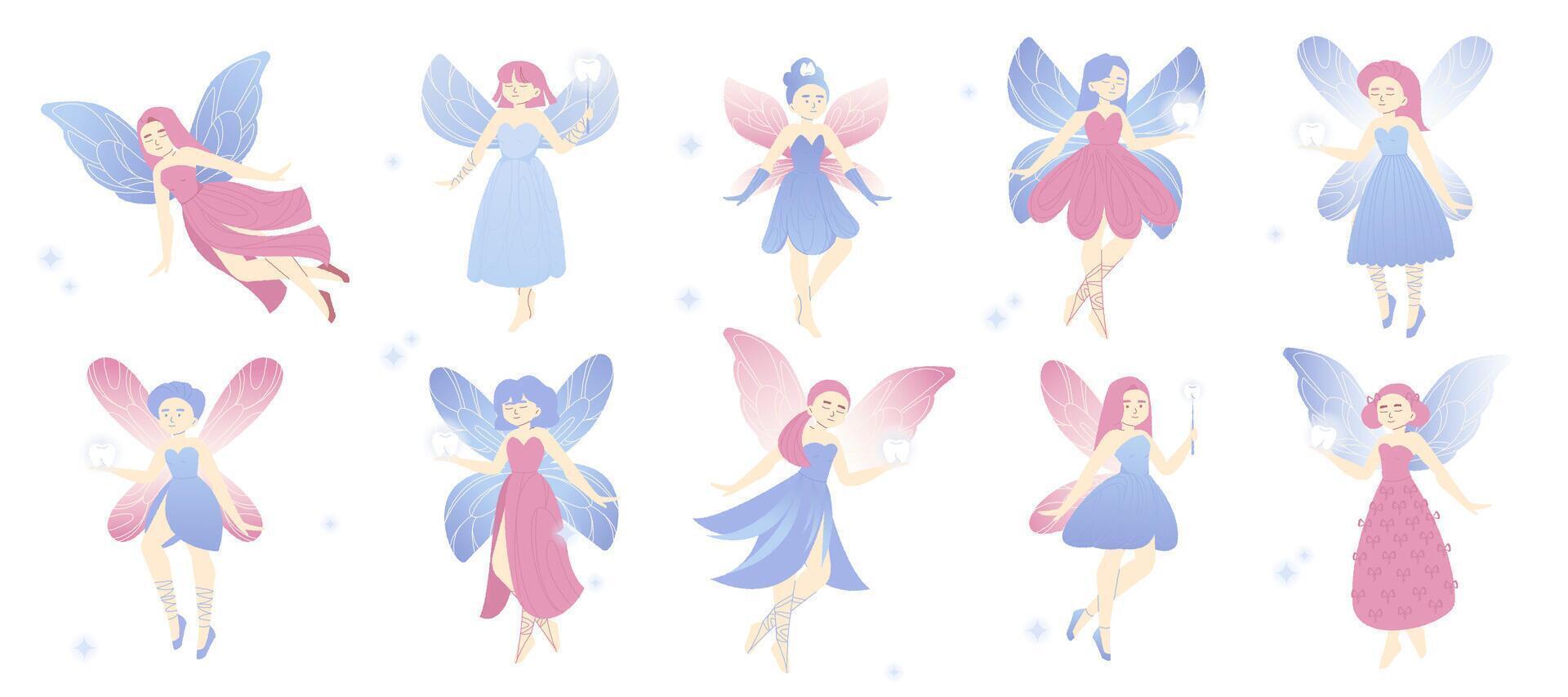 Cute tooth fairy. Cartoon girl with wings and magic wand, fairy tale character with tooth, oral health care for kids. Vector flat illustration