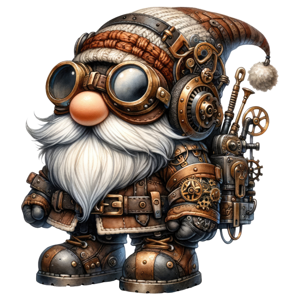 AI generated Steampunk Gnome Character with Aviator Goggles. png