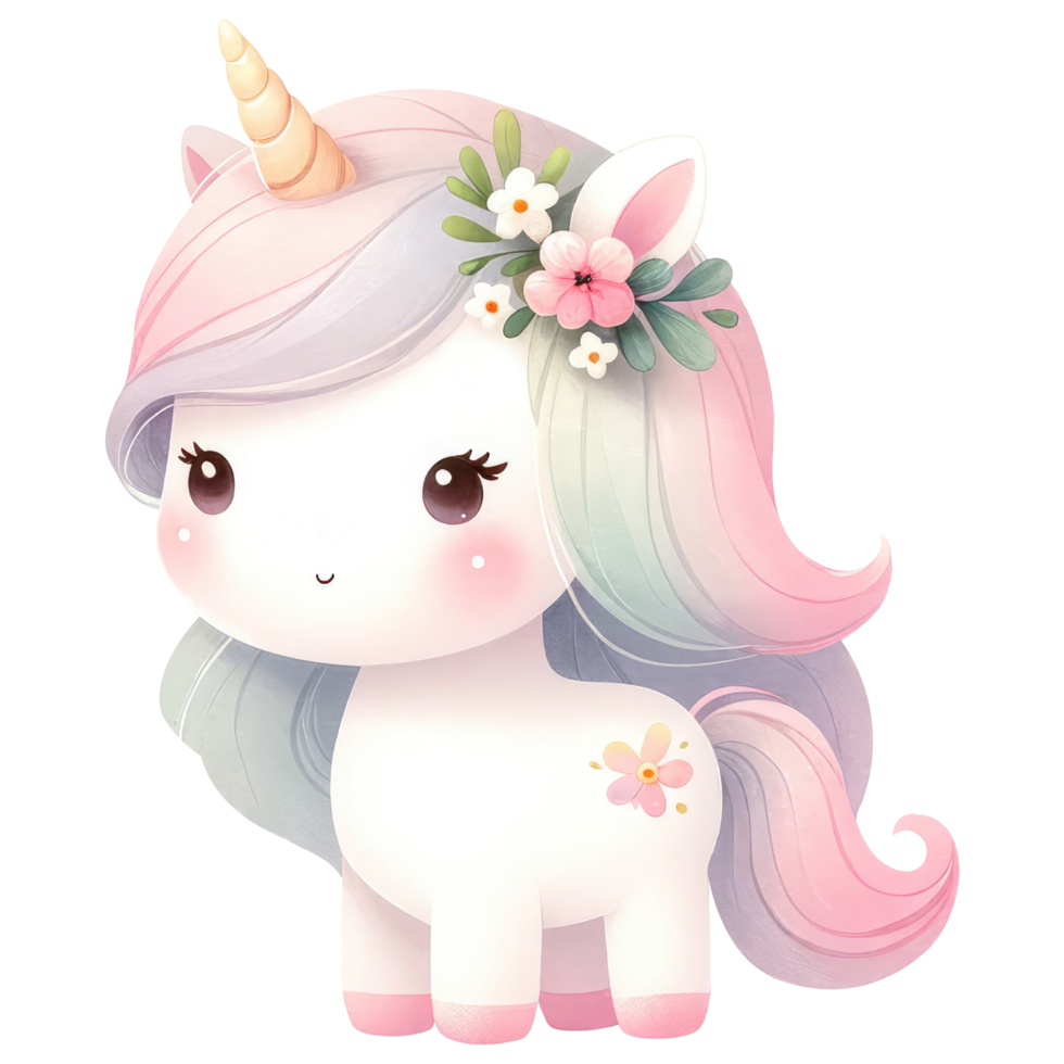 AI generated Cute Unicorn Character with Flower Wreath png
