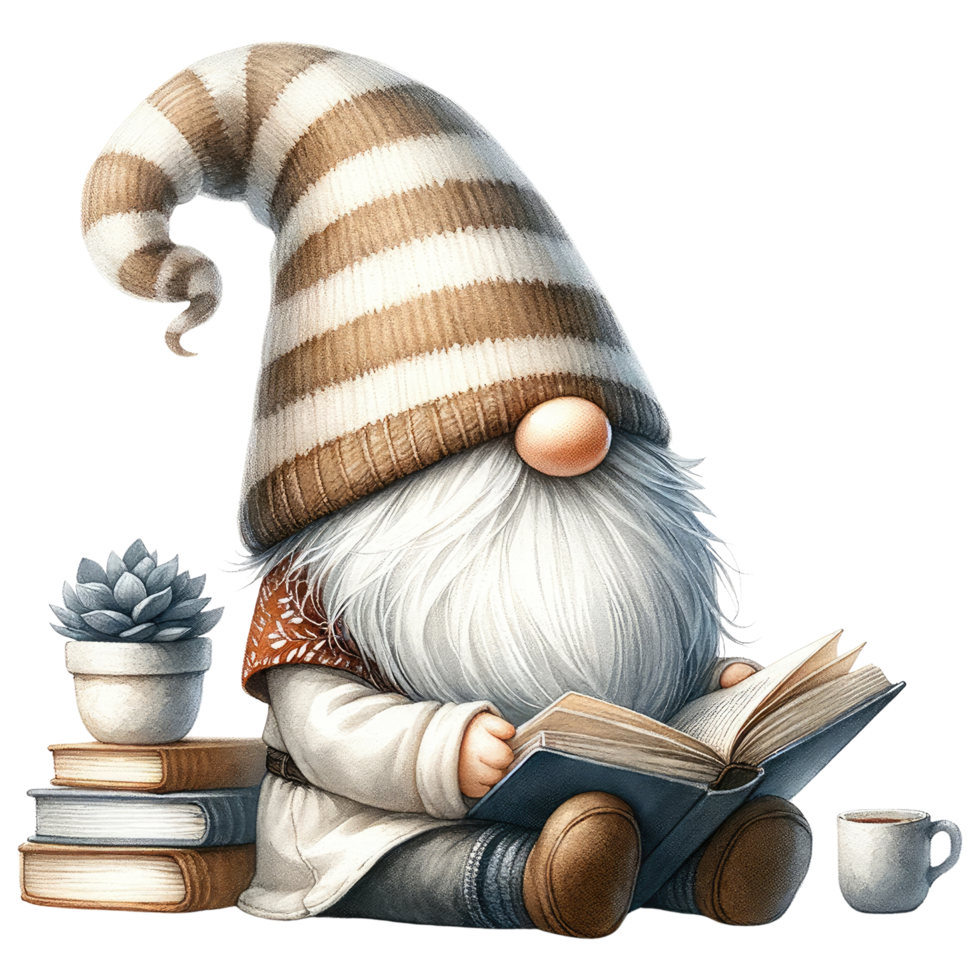 AI generated Gnome Reading a Book Illustration. png