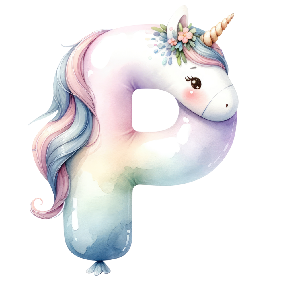 AI generated Whimsical Unicorn Letter P with Floral Accent png