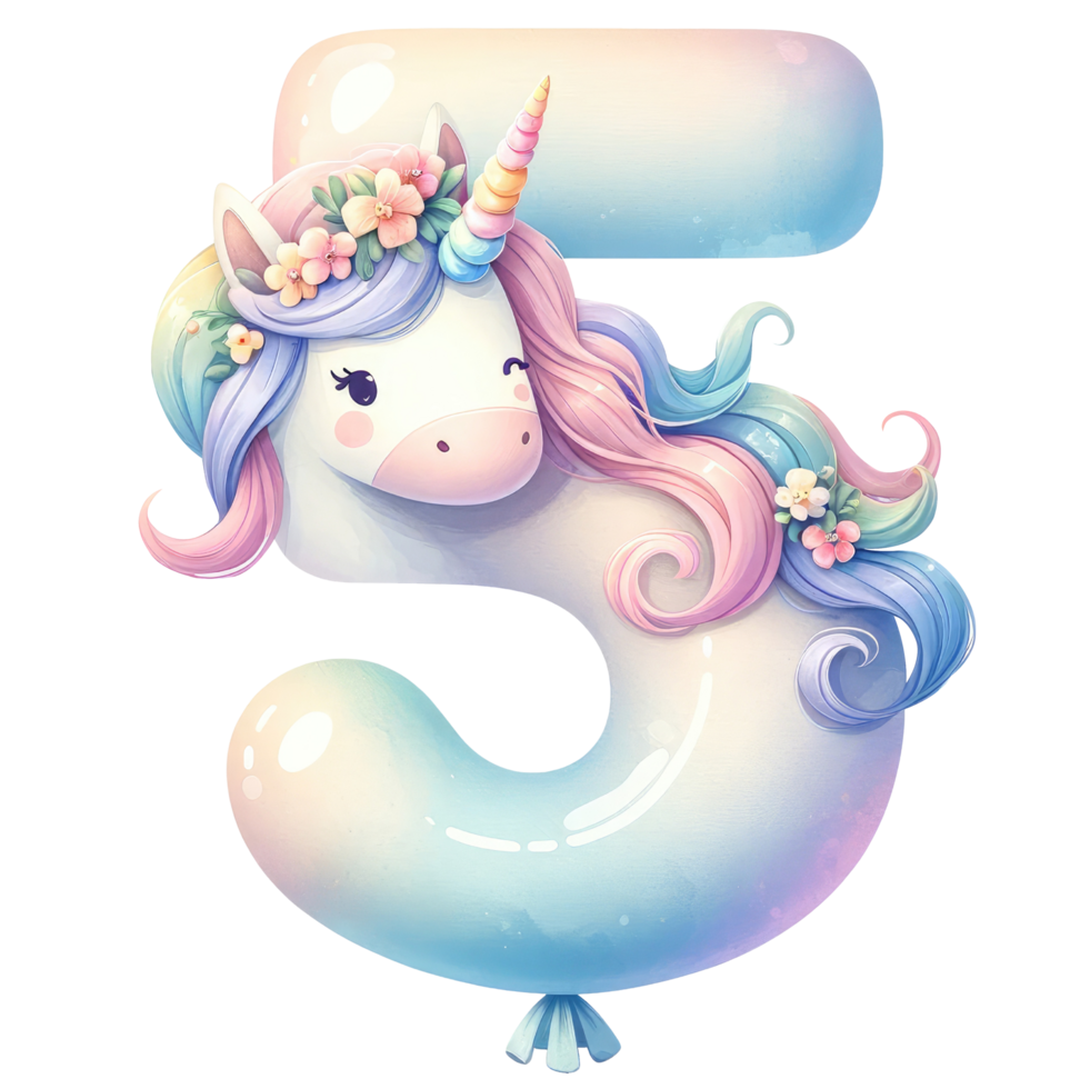AI generated Pastel Unicorn Number Five with Floral Decor png