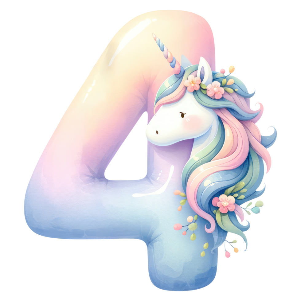 AI generated Pastel Unicorn Number Four with Floral Decor png