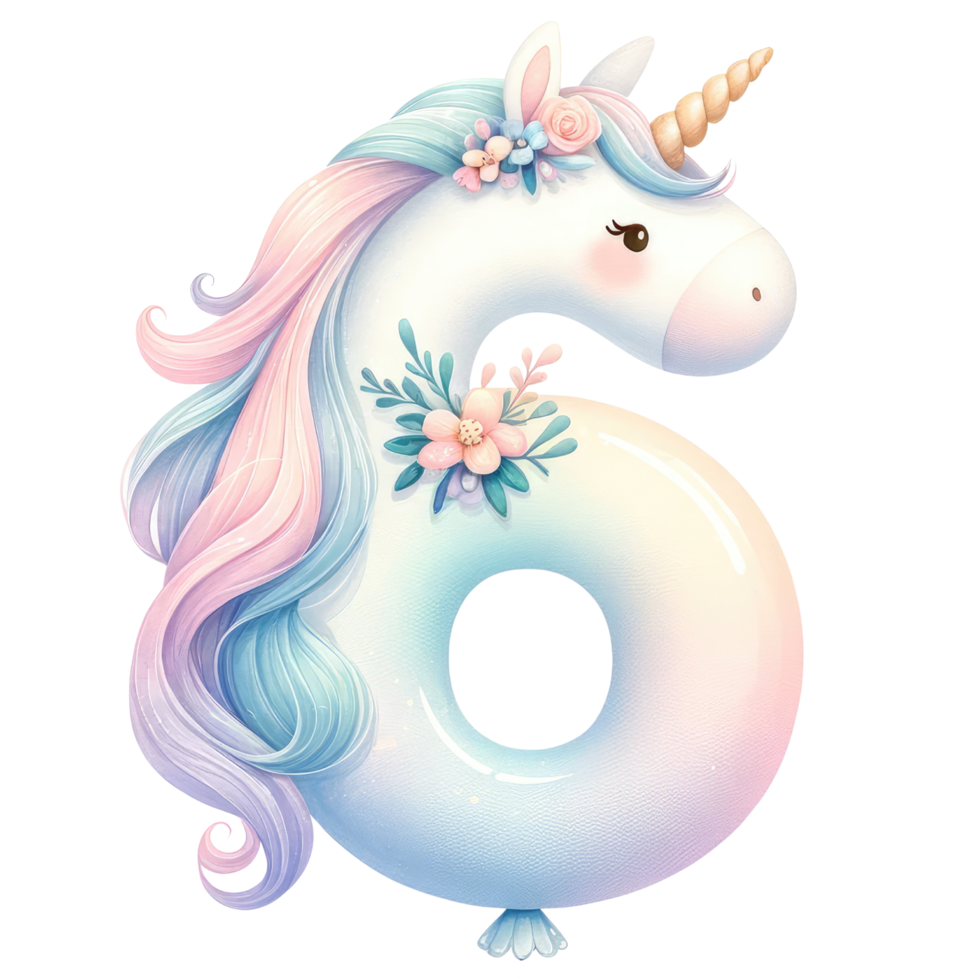 AI generated Pastel Unicorn Number Six with Floral Decor png