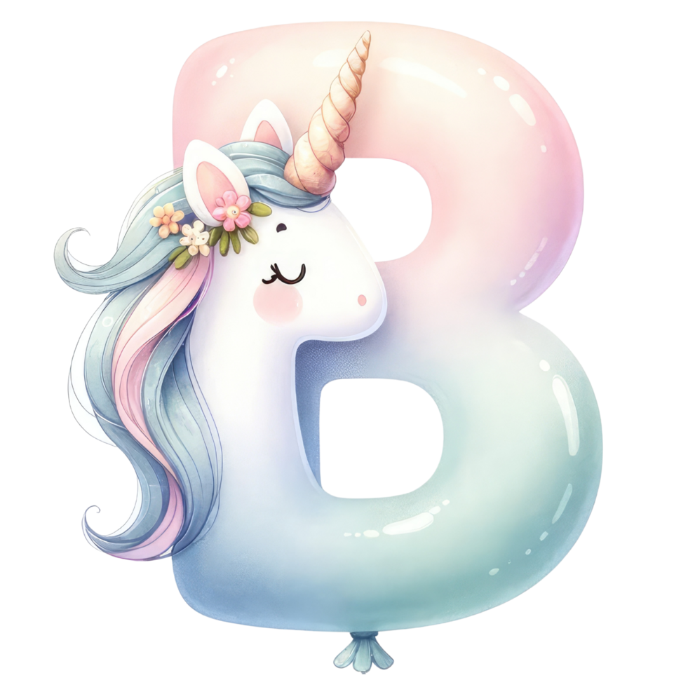 AI generated Whimsical Unicorn Letter B with Floral Accent png