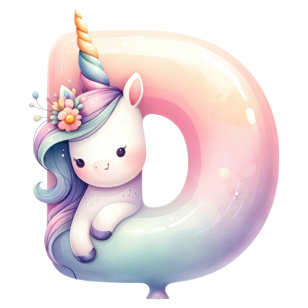 AI generated Whimsical Unicorn Letter D with Floral Accent png