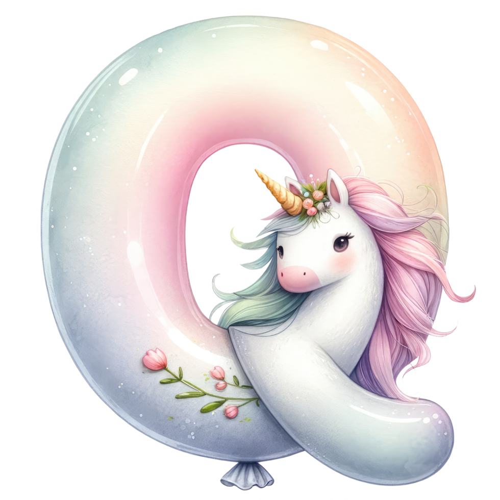 AI generated Whimsical Unicorn Letter Q with Floral Accent png