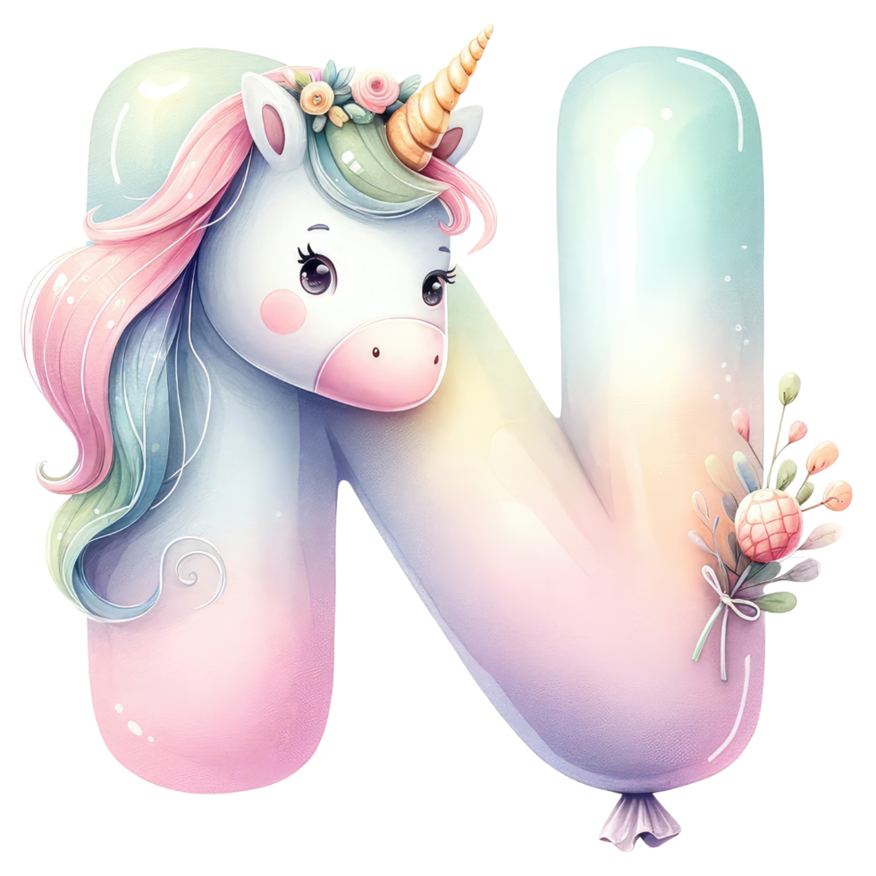 AI generated Whimsical Unicorn Letter N with Floral Accent png