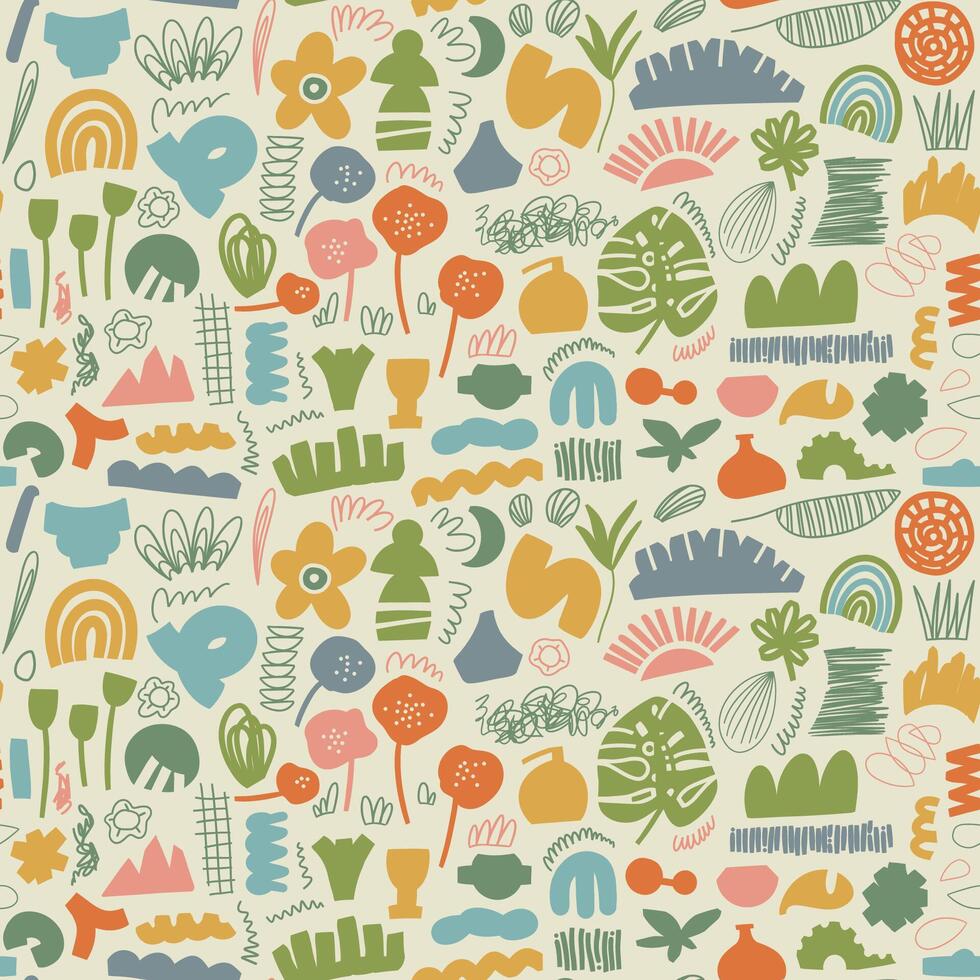 Abstract organic shapes pattern. Vector seamless background with hand drawn various shapes and doodle objects. Abstract contemporary modern style wallpaper. Trendy illustration.