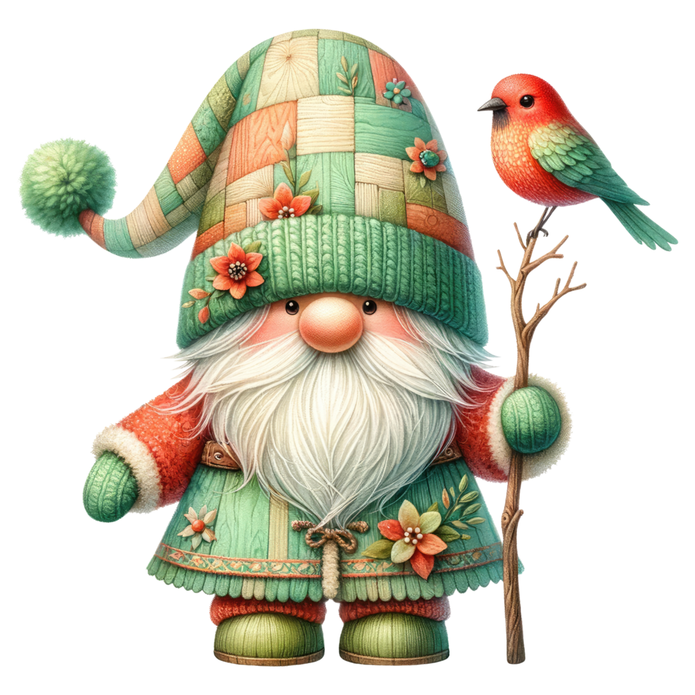 AI generated Illustration of Garden Gnome with a Friendly Bird. png