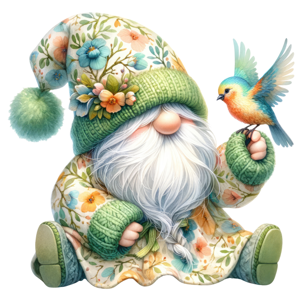 AI generated Illustration of Garden Gnome with a Friendly Bird. png