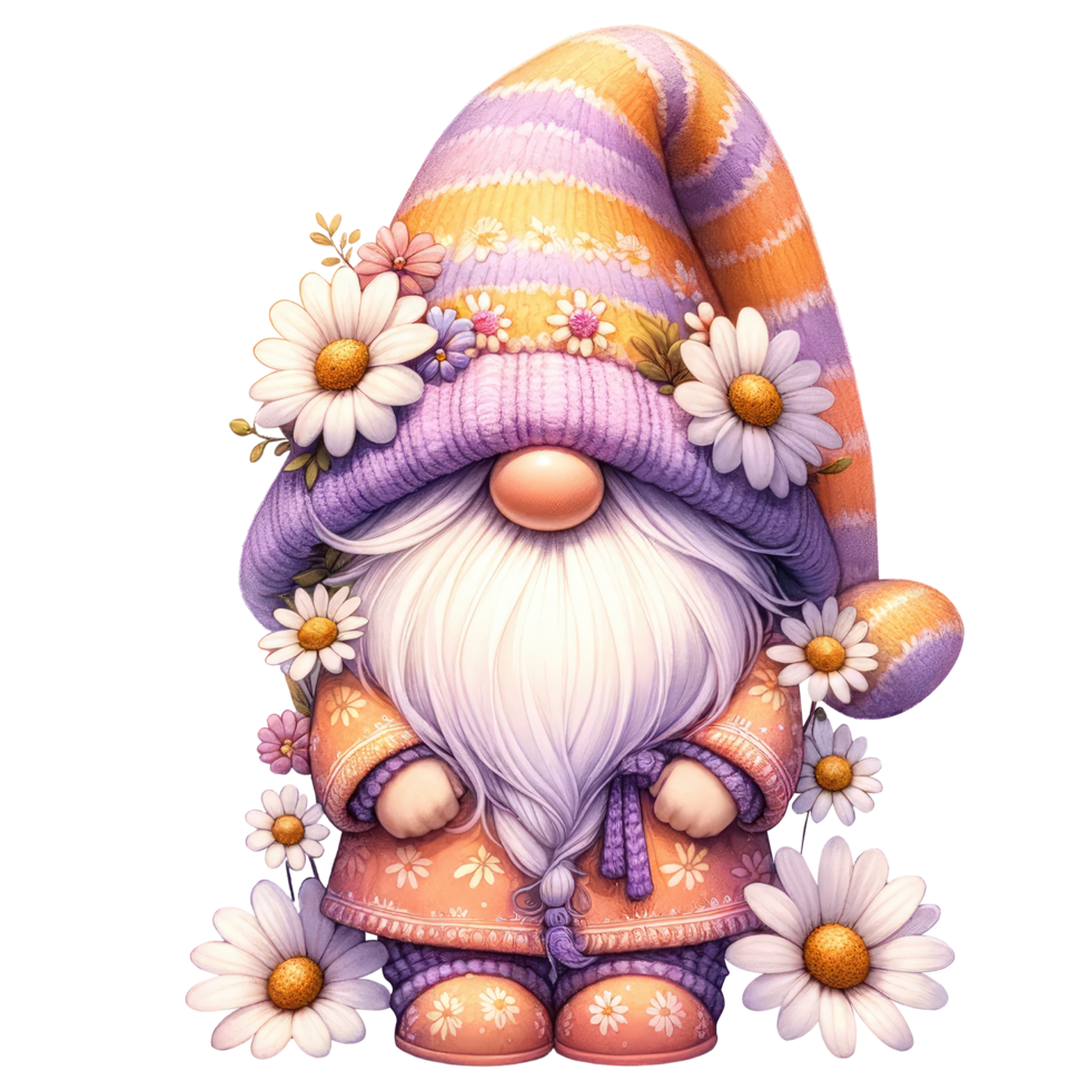 AI generated Gnome with Daisies and Striped Hat. png