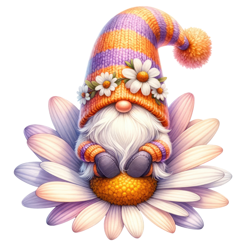 AI generated Gnome with Daisies and Striped Hat. png