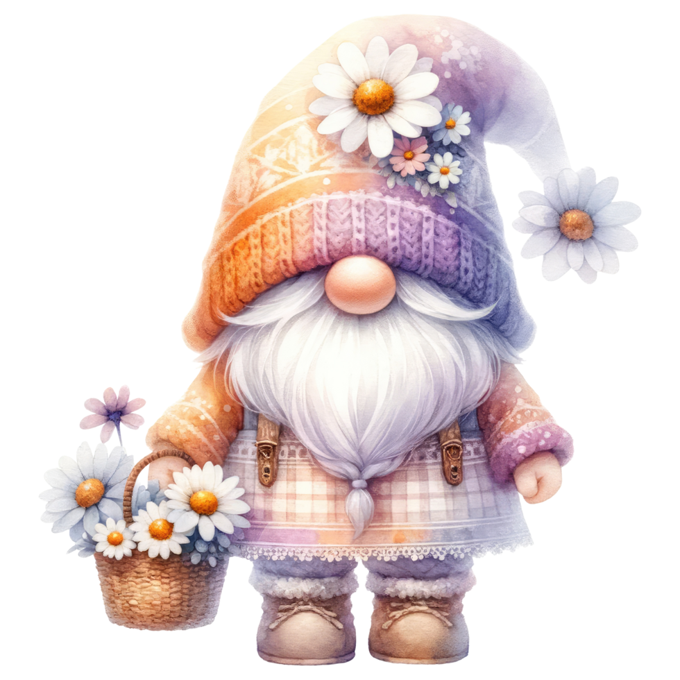 AI generated Gnome with Daisies and Striped Hat. png