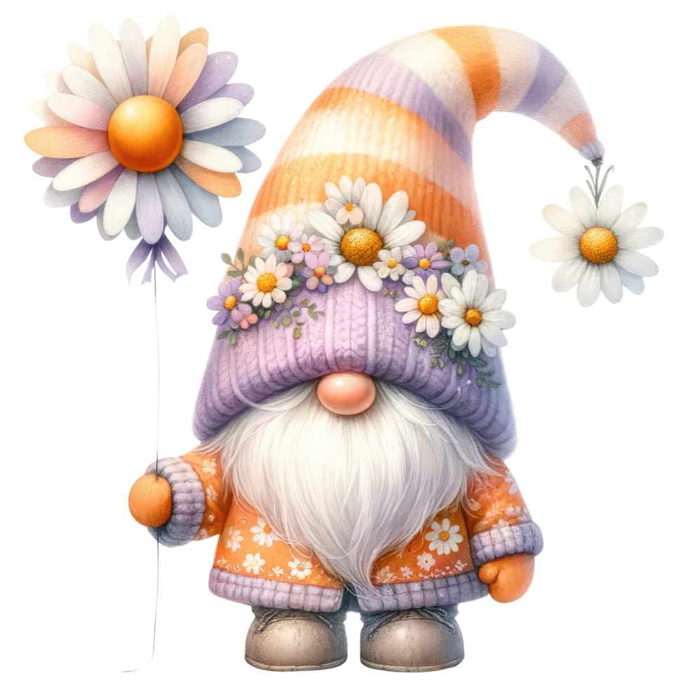 AI generated Gnome with Daisies and Striped Hat. png