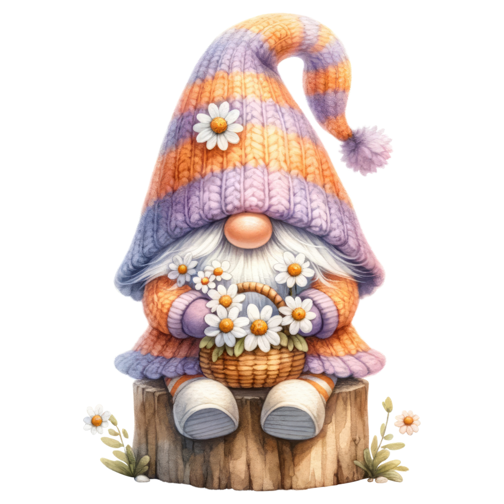 AI generated Gnome with Daisies and Striped Hat. png