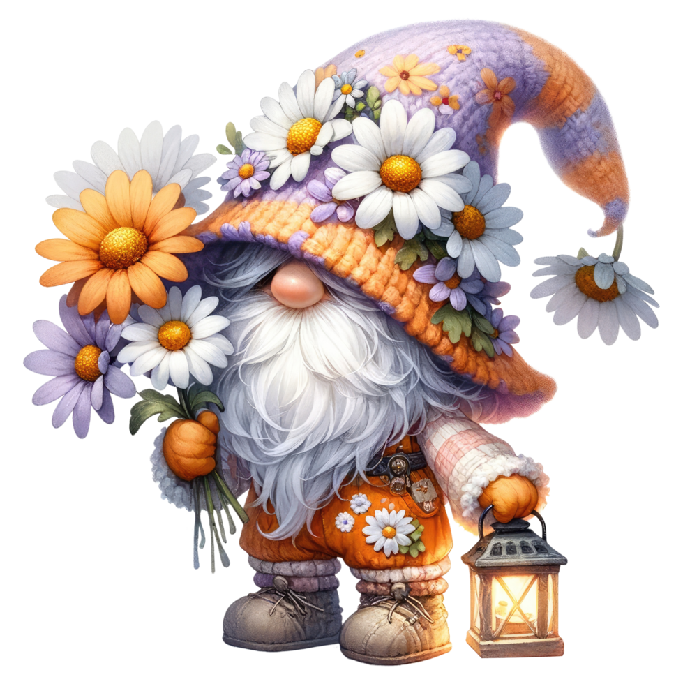 AI generated Gnome with Daisies and Striped Hat. png