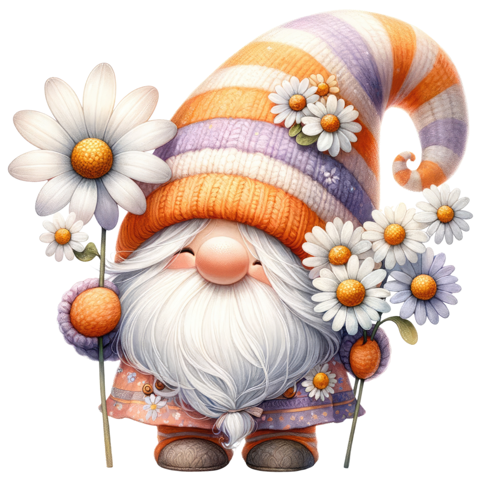 AI generated Gnome with Daisies and Striped Hat. png