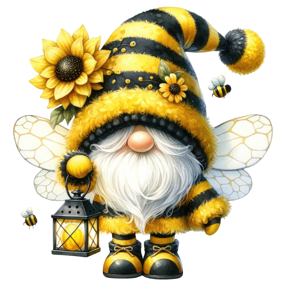 AI generated Fantasy Gnome with Sunflowers and Bees. png