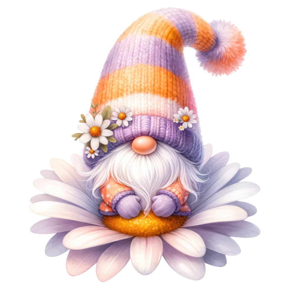 AI generated Gnome with Daisies and Striped Hat. png
