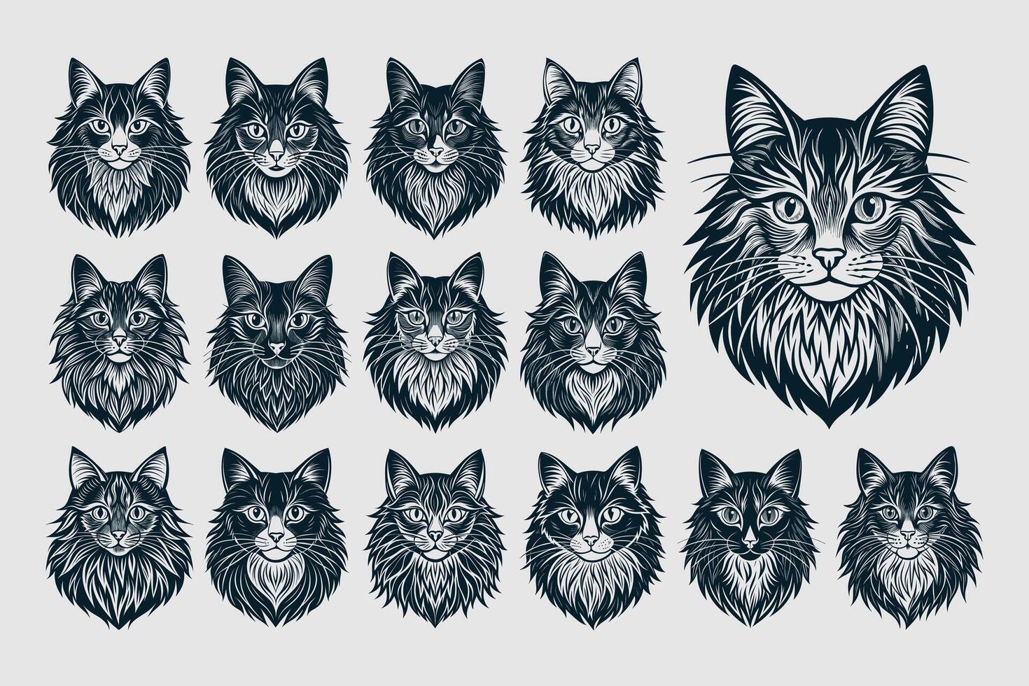 AI generated Portrait of hand drawing norwegian forest cat head design vector set