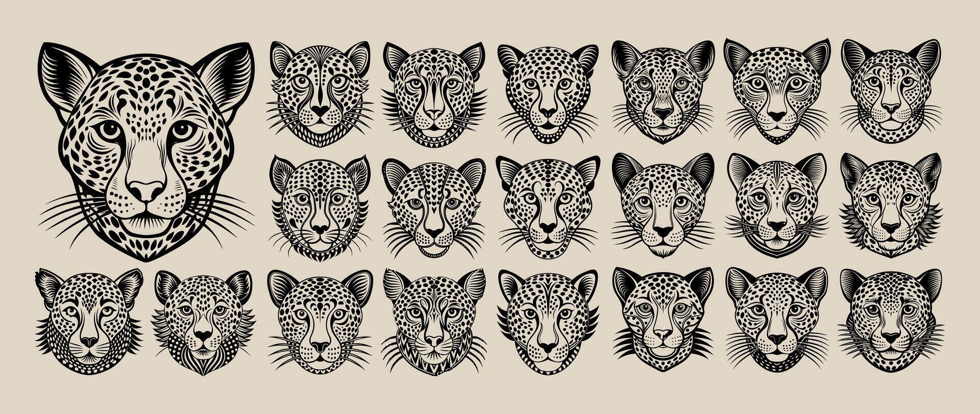 AI generated Collection of flat hand drawn cheetah head illustration design vector