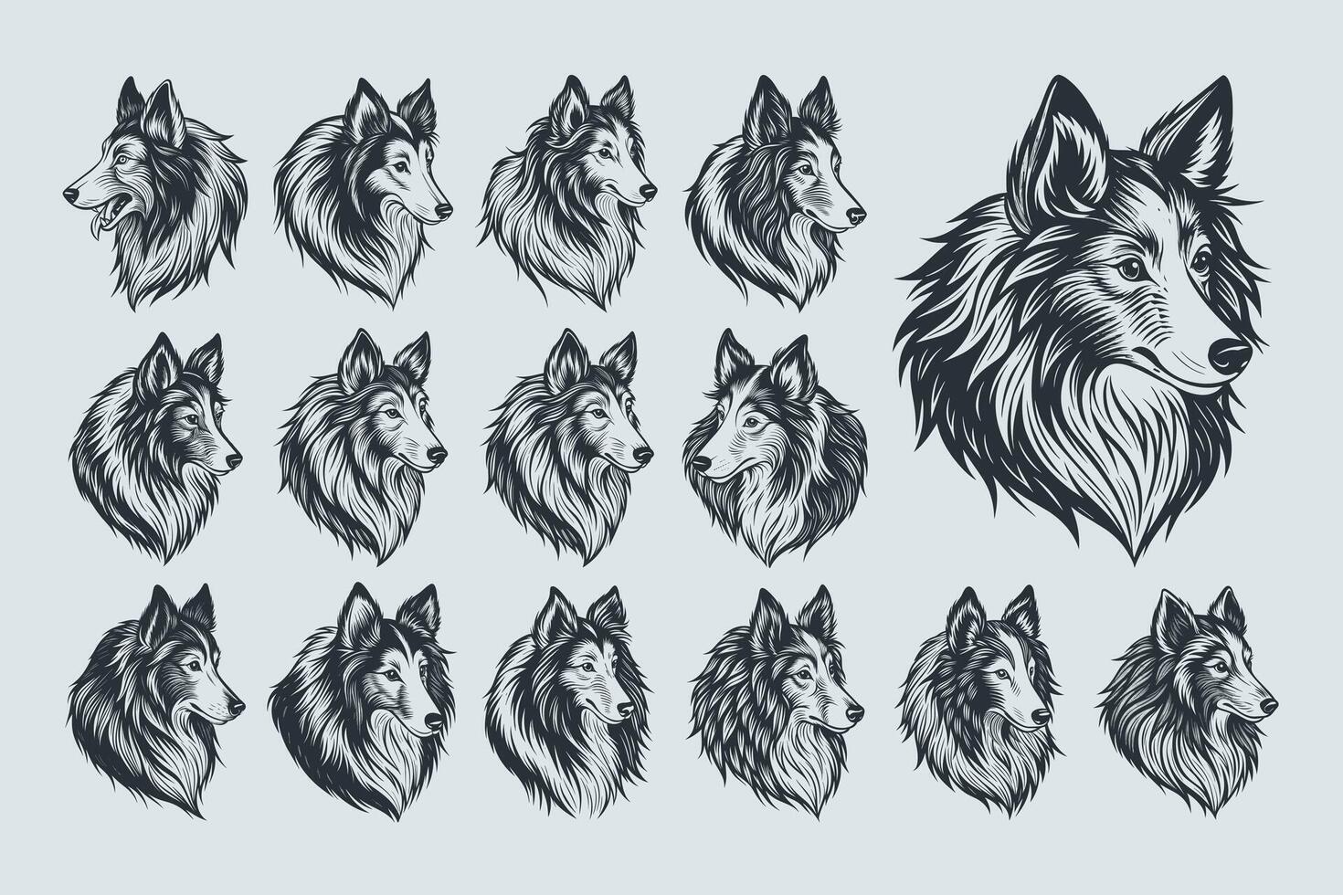AI generated Collection of Sheltie dog head silhouette illustration design vector