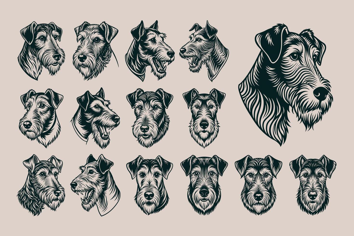 AI generated Bundle of hand drawn airedale terrier dog head design vector