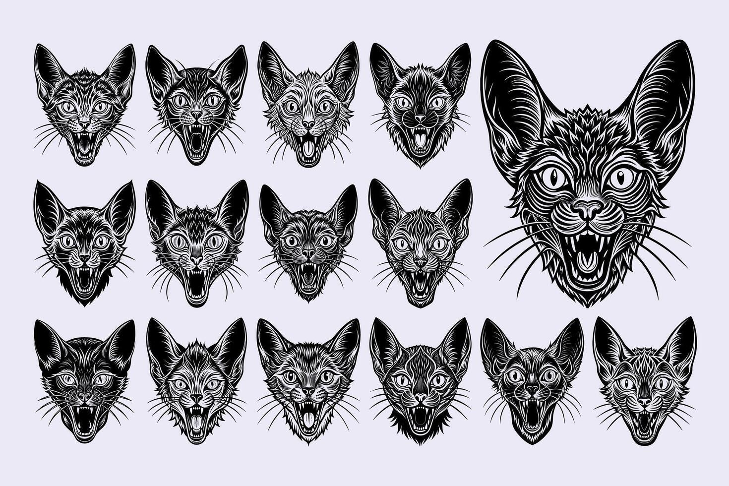 ai generado detallado maullando lykoi gato cabeza ilustración diseño conjunto vector