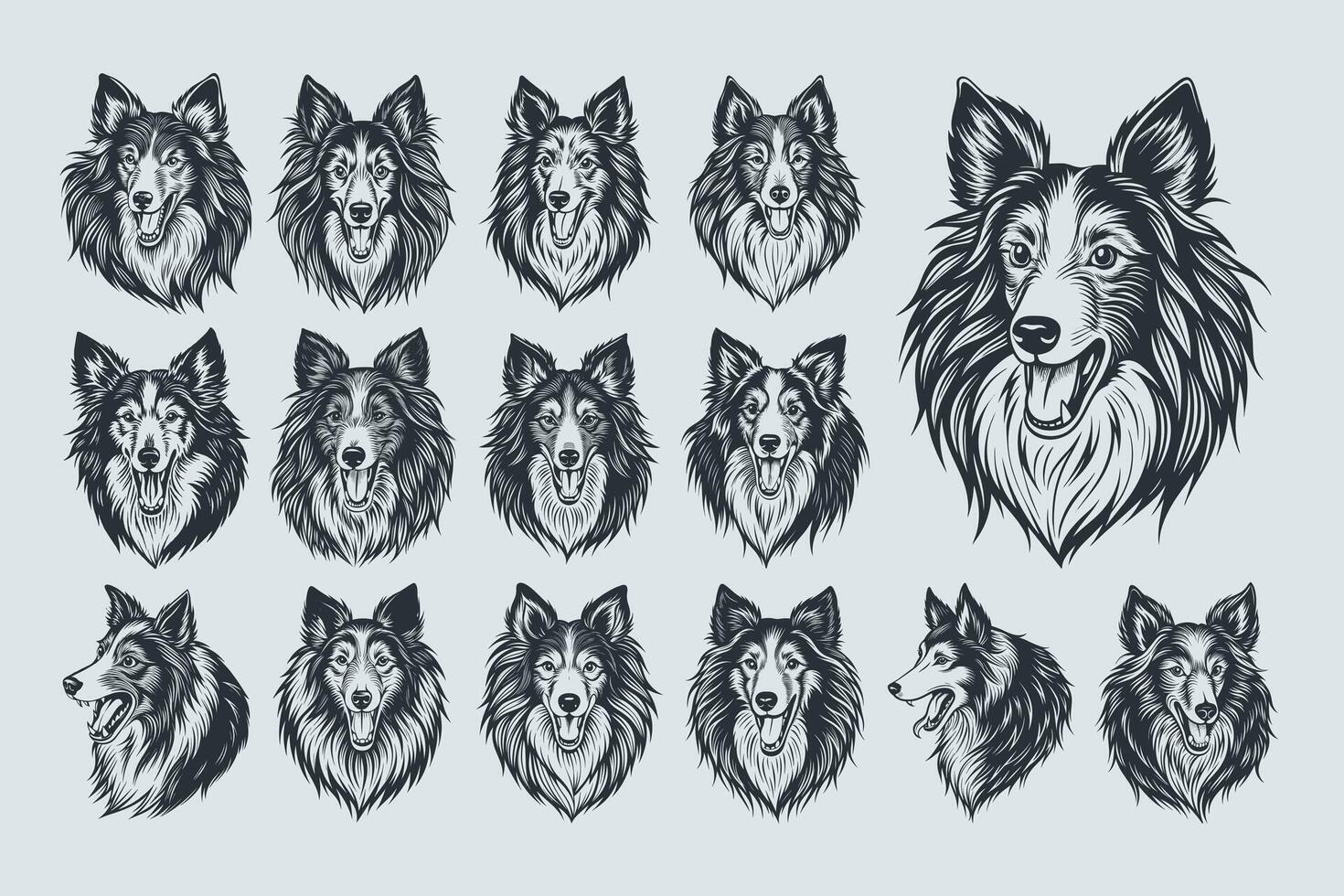 ai generado diferente actitud de sheltie perro cabeza ilustración diseño conjunto vector