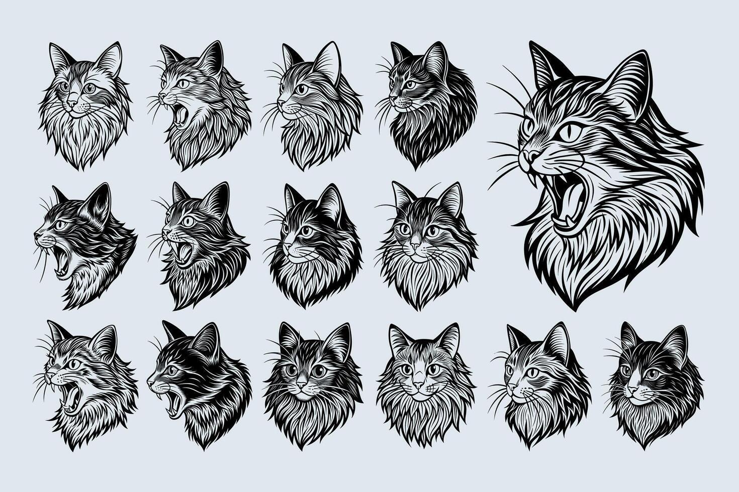 AI generated Bundle of meowing ragamuffin cat head in side view silhouette design vector