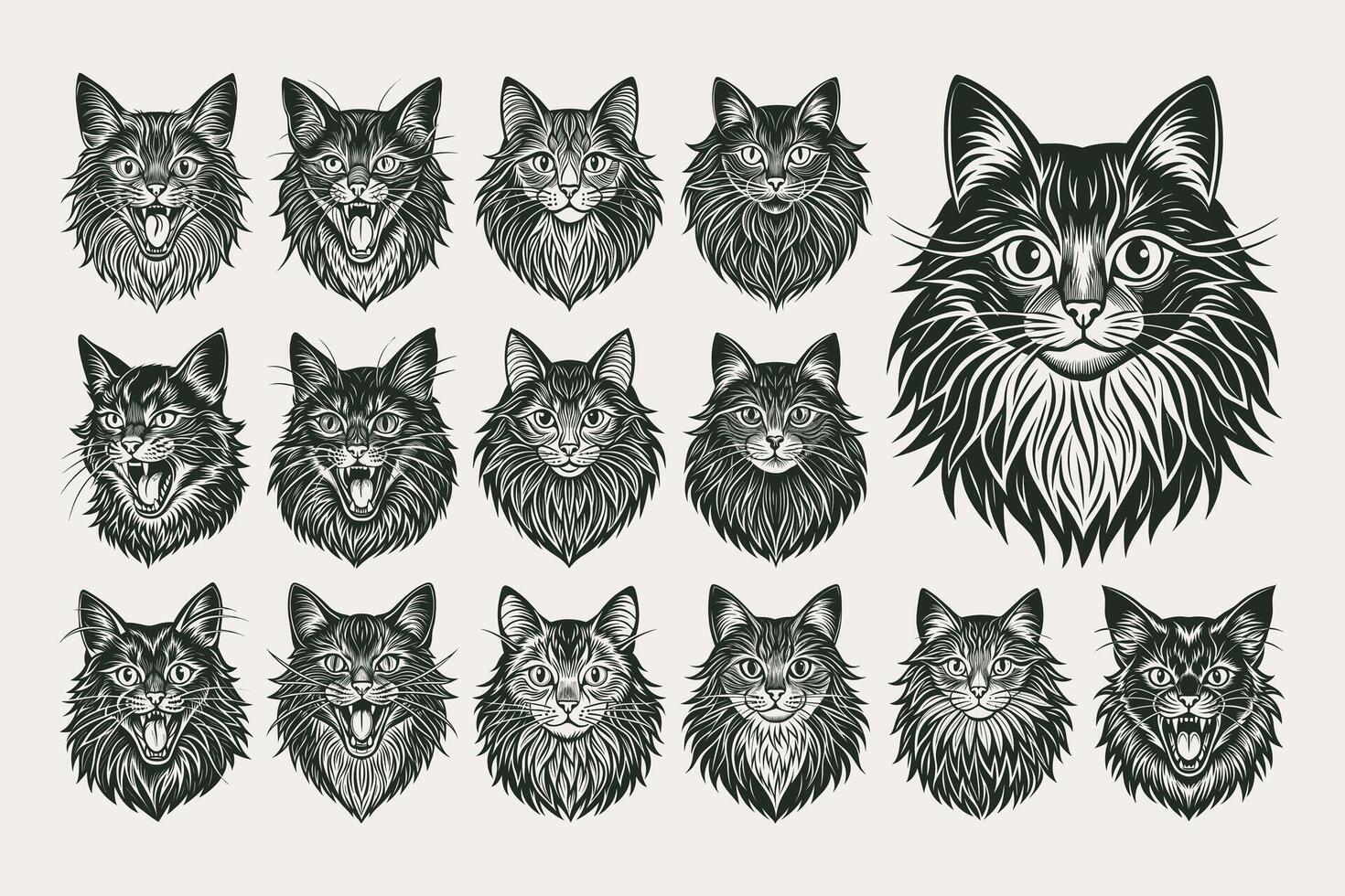 AI generated Bundle of hand drawn detail british longhair cat face design vector