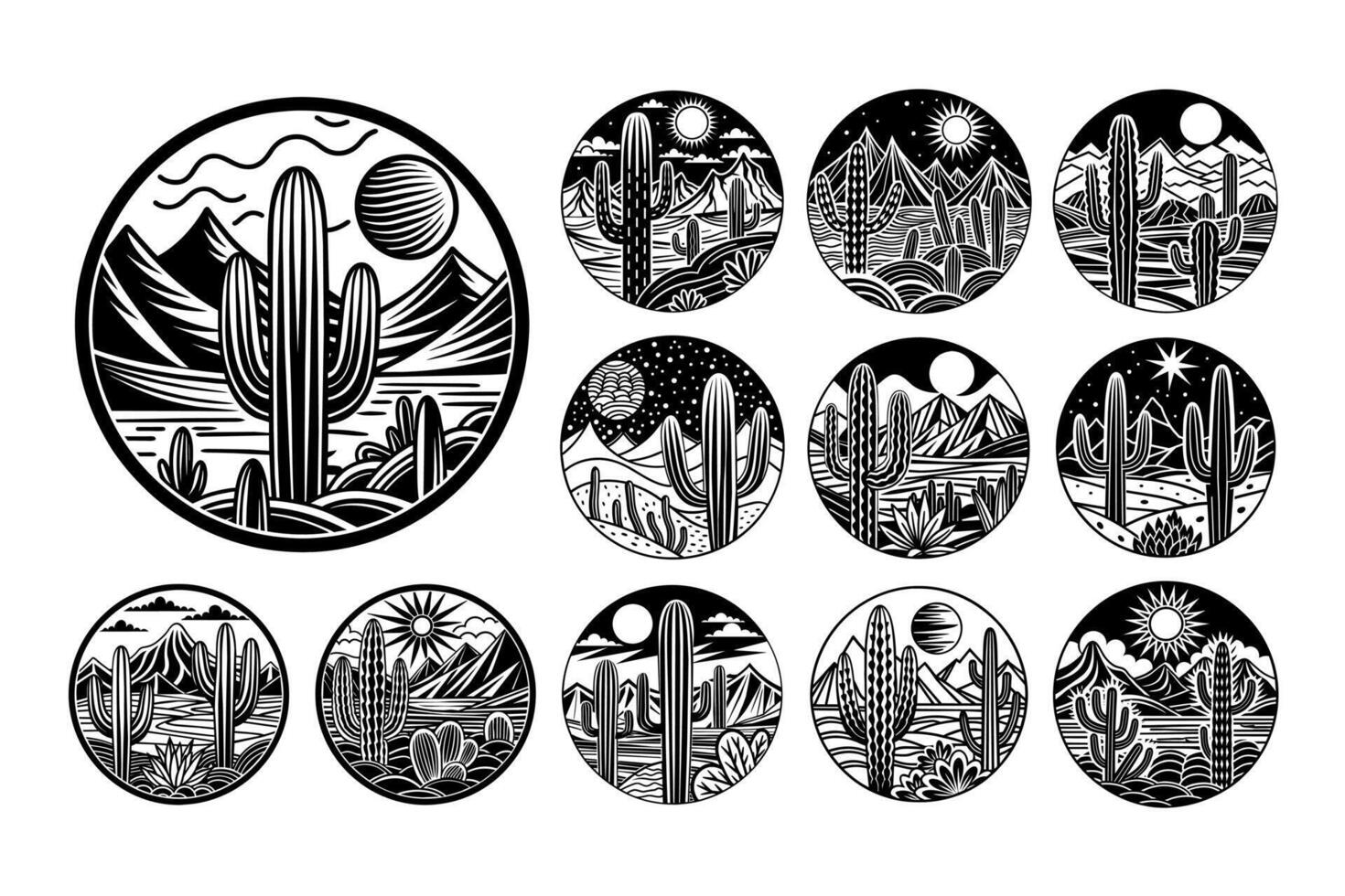 ai generado plano sencillo cactus Desierto paisaje circulo logo ilustración diseño conjunto vector