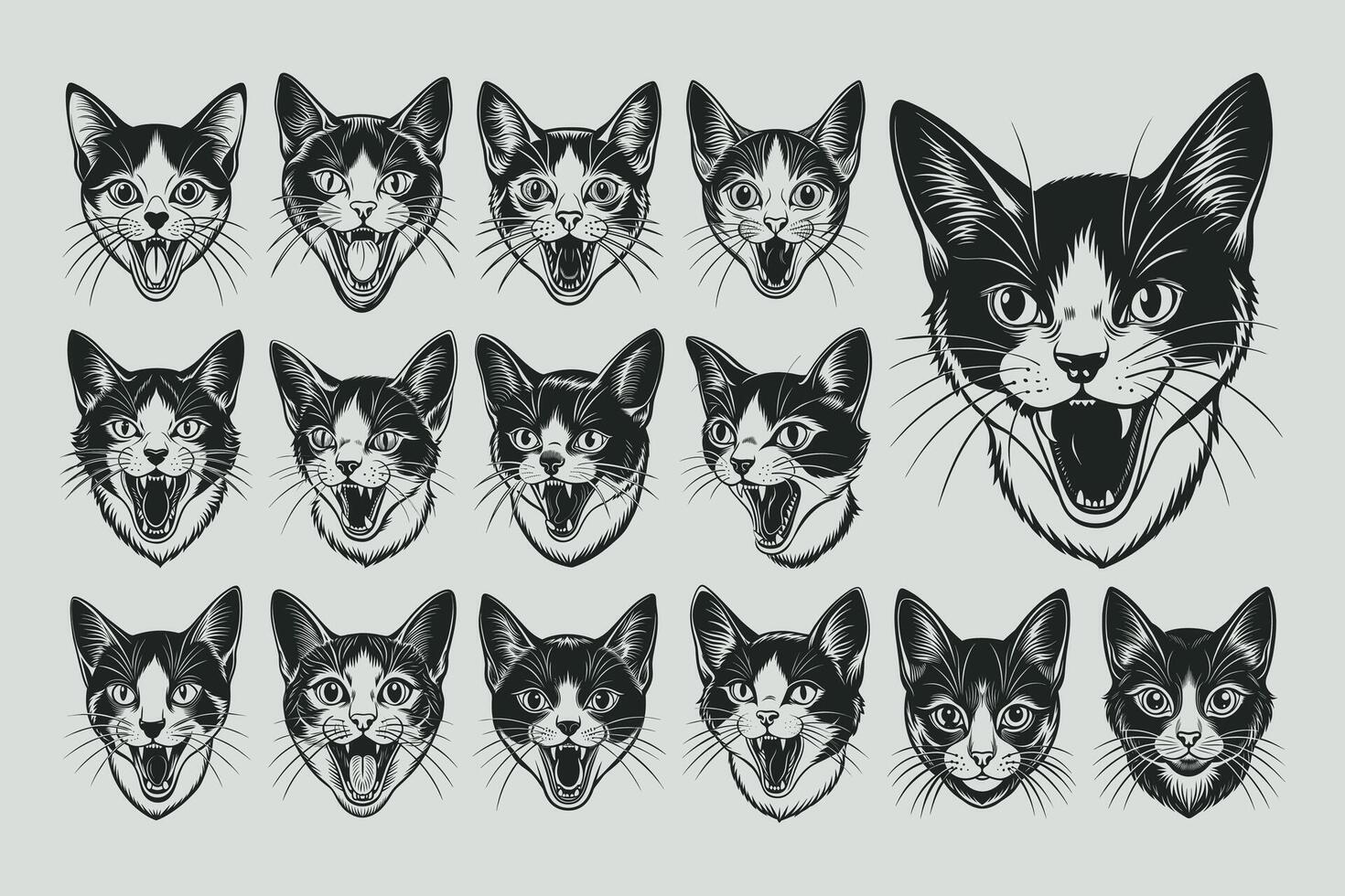 AI generated Cute meowing japanese bobtail cat head silhouette design set vector