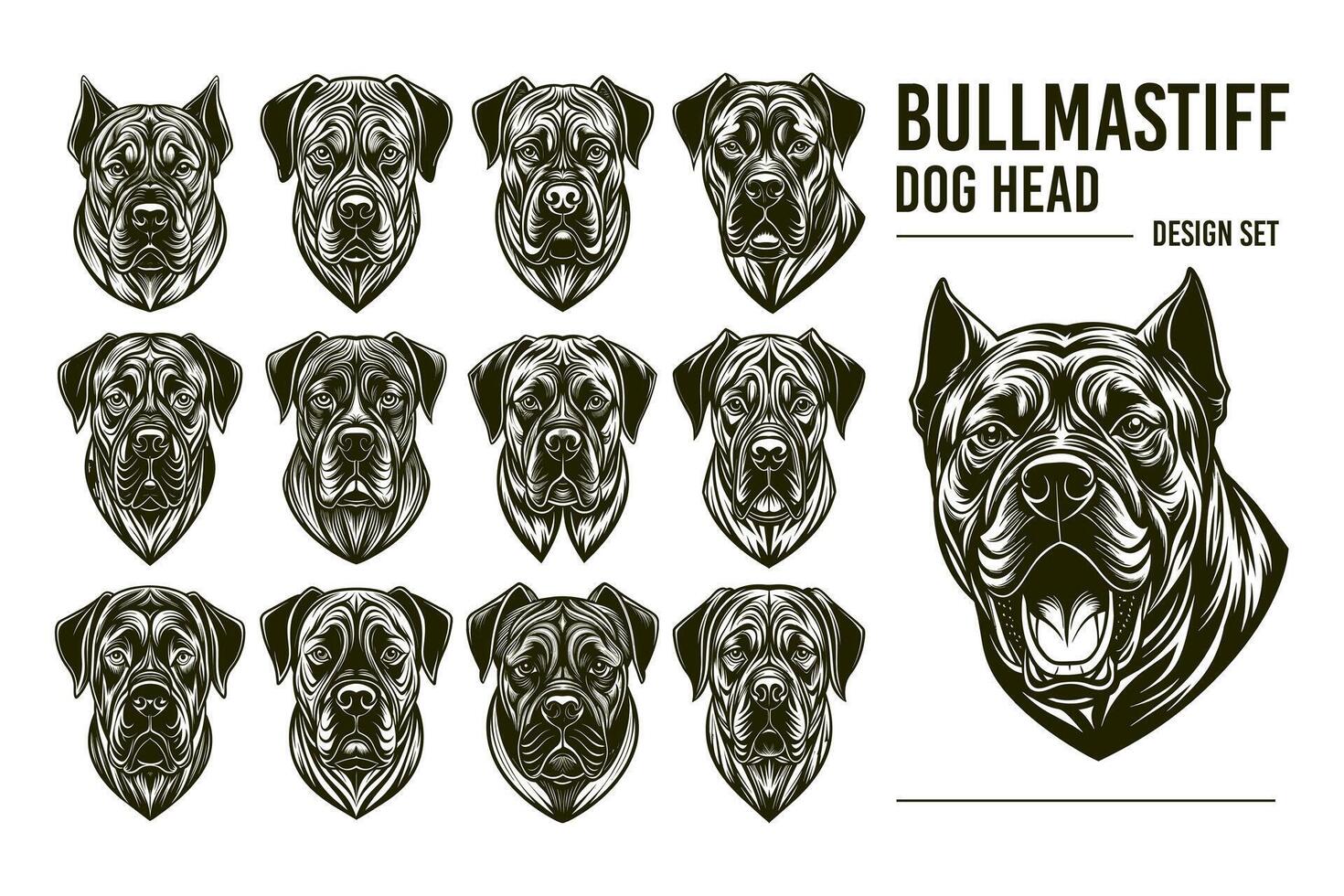 ai generado conjunto de grabado detallado frente ver bullmastiff perro cabeza diseño vector