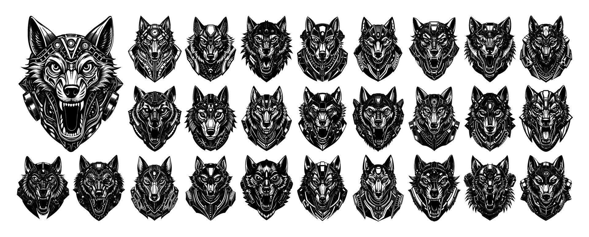 AI generated Front view of cyborg wolf head illustration design set vector