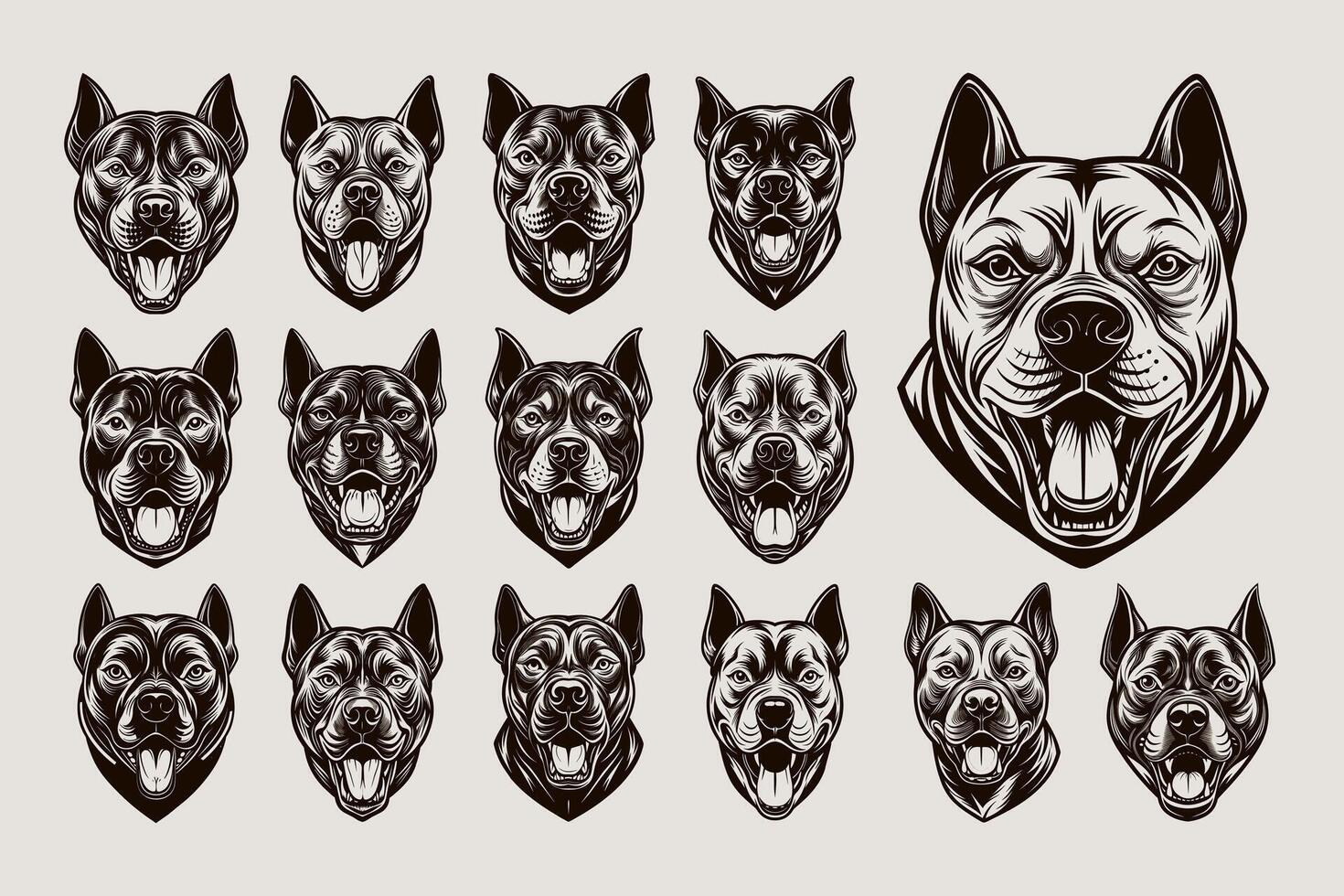 ai generado frente ver de mano dibujado pitbull perro cabeza ilustración diseño conjunto vector