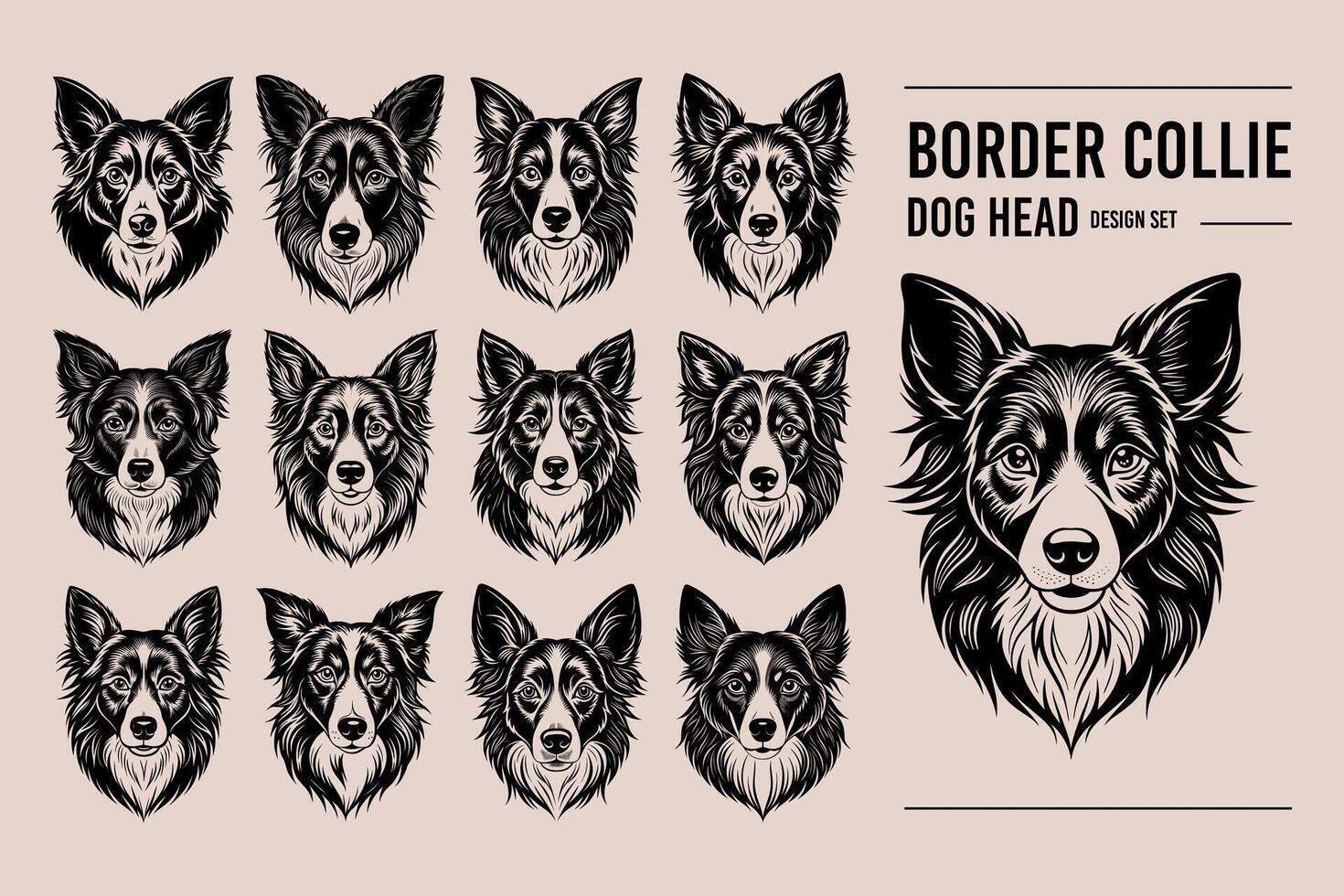 ai generado conjunto de retrato frontera collie perro cabeza silueta diseño vector