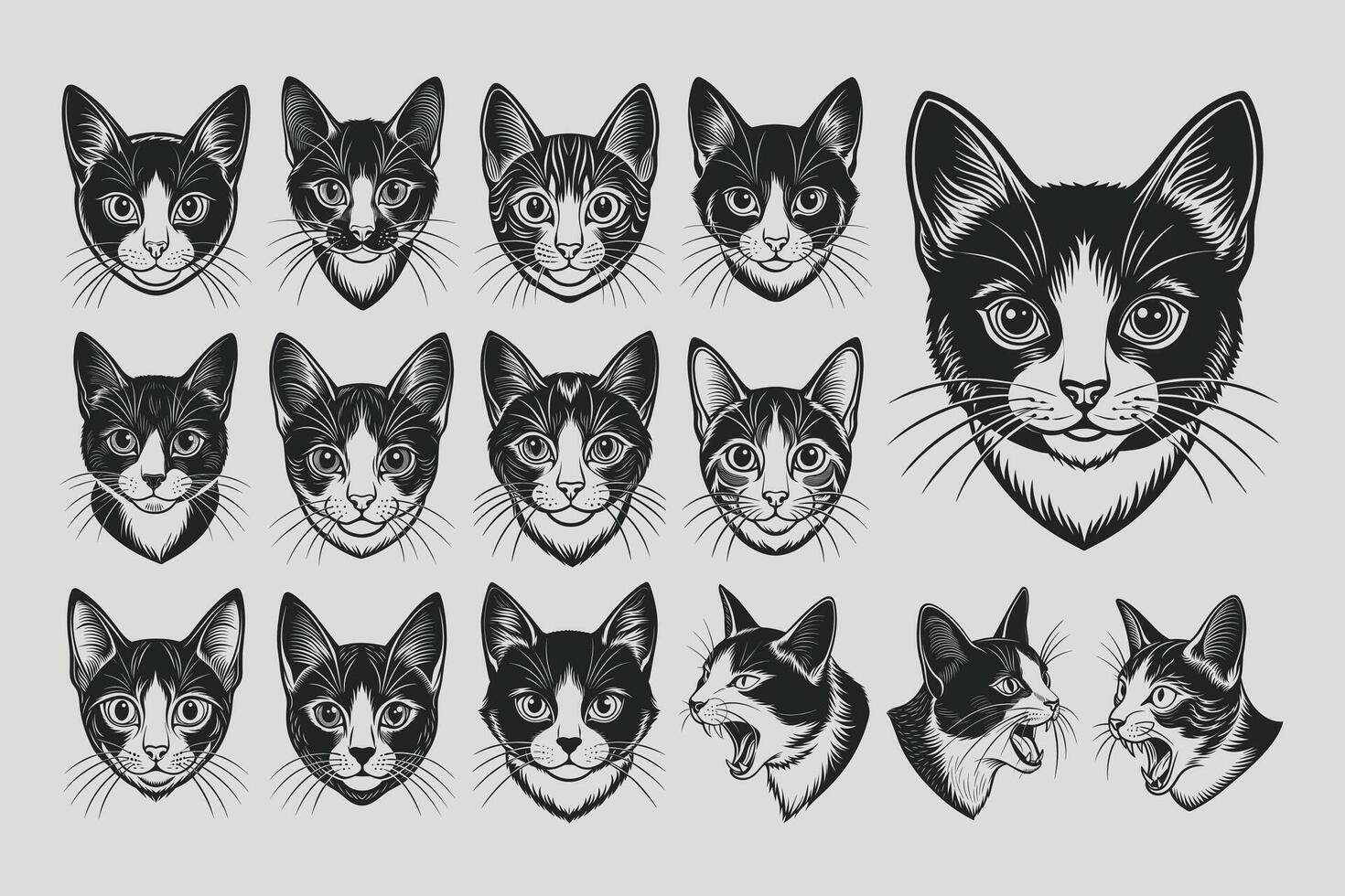 AI generated Portrait of hand drawing japanese bobtail cat head illustration design set vector