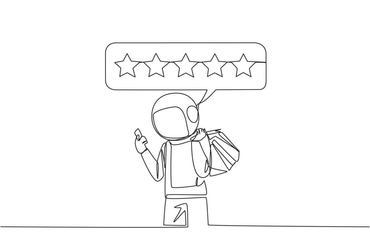 Continuous one line drawing happy astronaut holding several shopping bags. The other hand typing on the smartphone gives a 5 star review. Online shopping. Single line draw design vector illustration