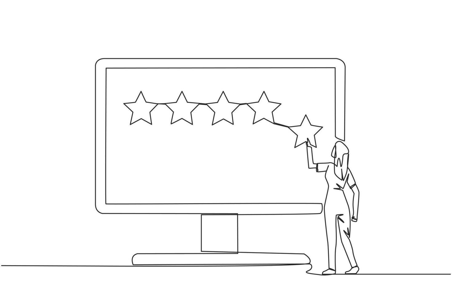 Continuous one line drawing woman standing trying to stick 1 star on the big monitor. Giving five star feedback. Giving stars quality result. Giving review. Single line draw design vector illustration