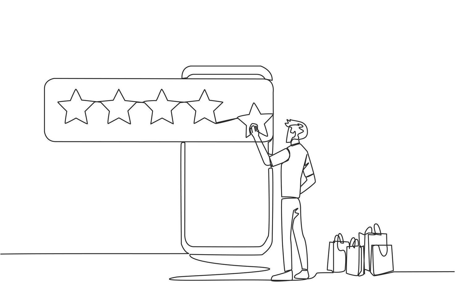 Continuous one line drawing man standing facing giant smartphone and trying to stick one star, that it becomes 5 stars. Reviews given to online stores. Single line draw design vector illustration