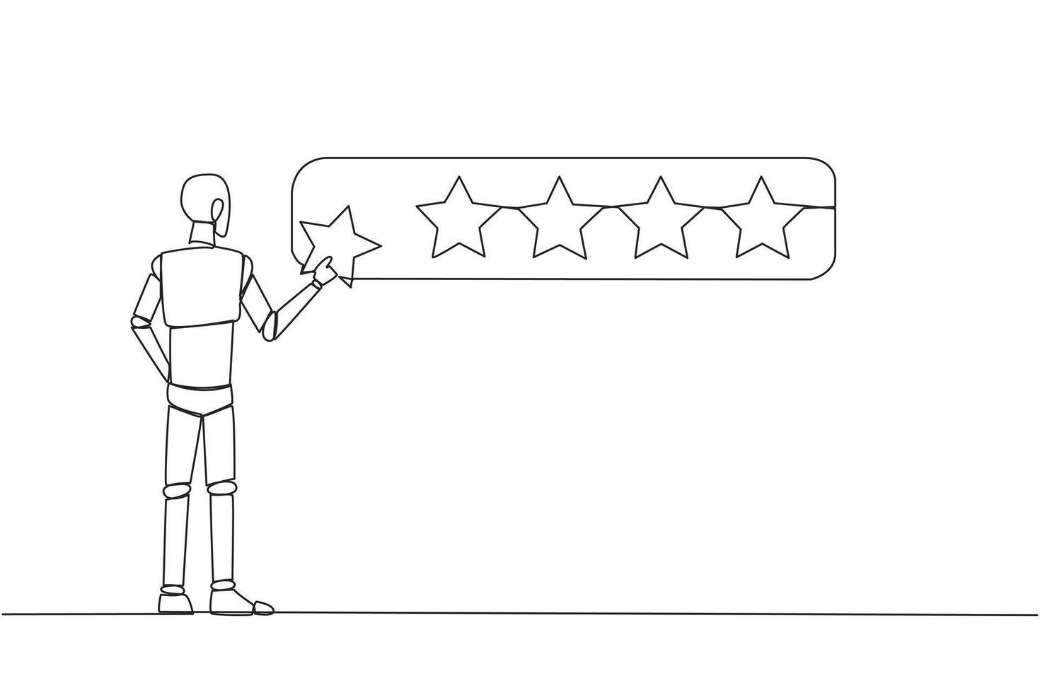 Single continuous line drawing robotic standing holding 1 star and want to make it 5 star array. Satisfied customers and give perfect rating. Star rating. AI tech. One line design vector illustration