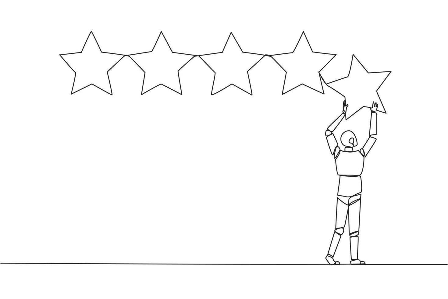 Single continuous line drawing robot holding up a star with both hands and pasting it up to make 5 stars in a row. Give the best review. Online shop. Future tech. One line design vector illustration